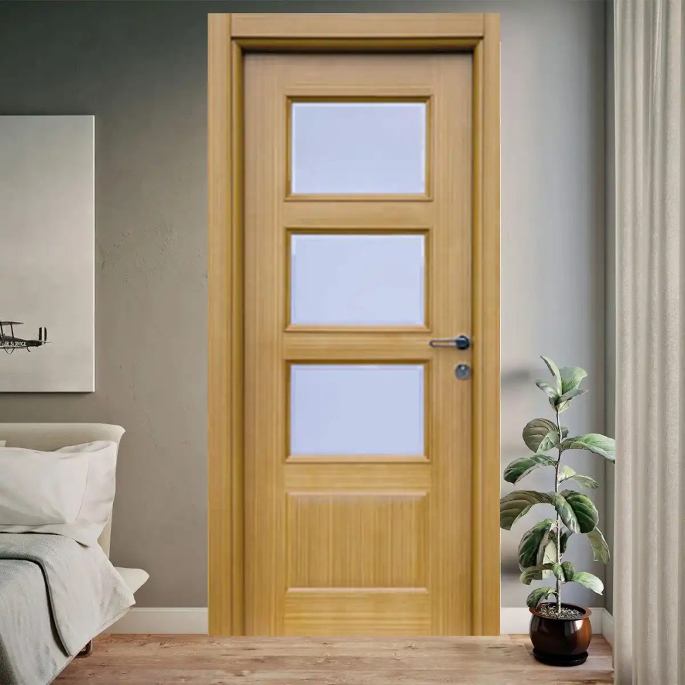 Doğal Teak Kaplama Camlı Oda Kapısı