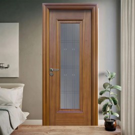 Doğal Golden Teak Kaplama Camlı Oda Kapısı